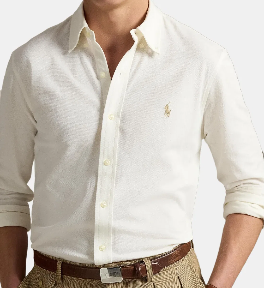Прямая рубашка из хлопковой сетчатой ткани POLO RALPH LAUREN, коричневый — фото 4