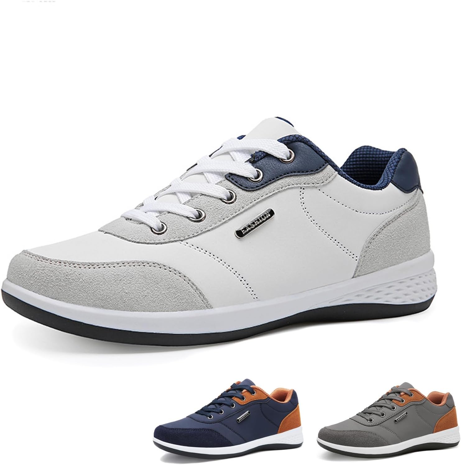 

Мужские кожаные удобные кроссовки простого дизайна с контрастной цветной отделкой, модные, легкие, с круглым носком, шнуровкой, мягкой подошвой, противоскользящие, низкие, для бега и повседневной ходьбы Nsneond, белый