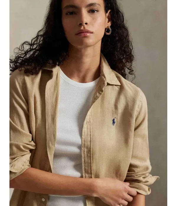 Льняная рубашка classic fit Polo Ralph Lauren, бежевый — фото 4