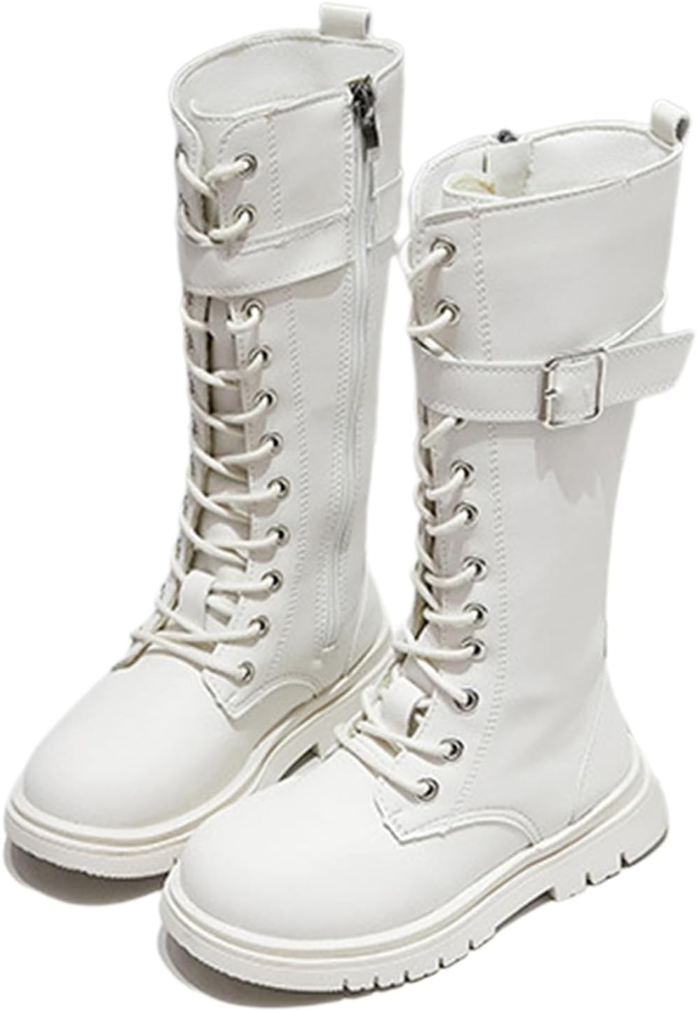 

Детские ботинки для девочек с шнуровкой, кожаные боевые ботинки с боковой молнией, сапоги с широкой голенью, стиль рок/готика, для маленьких и больших детей, 4-12 лет Generic, 02-Beige