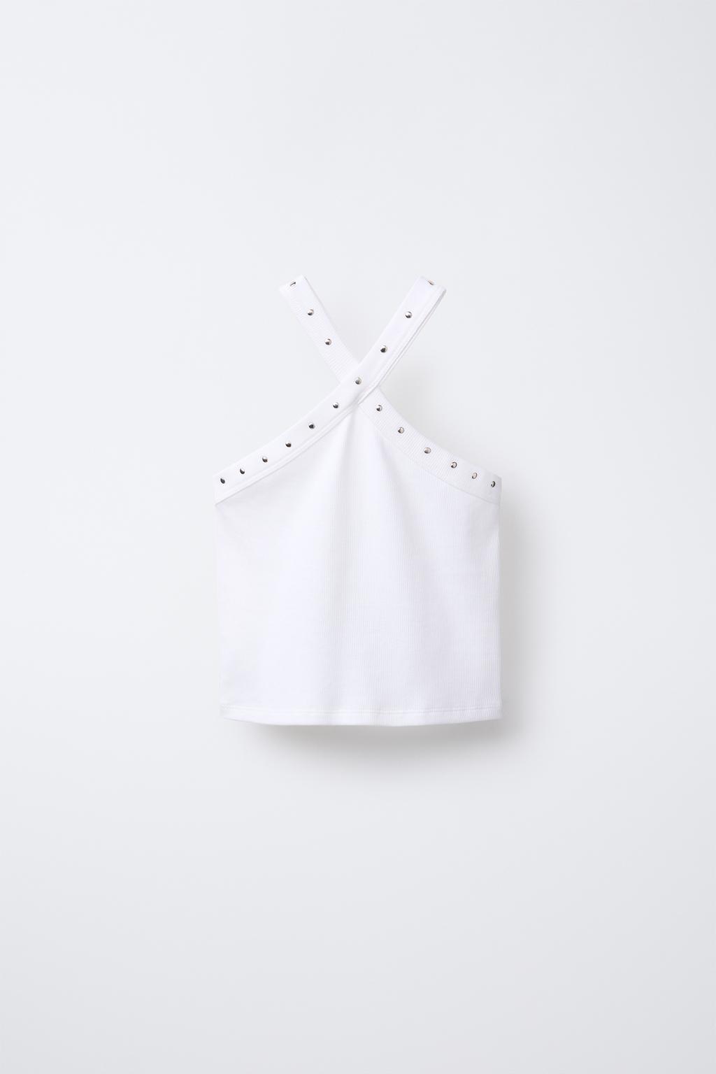 

Короткий топ в рубчик с заклепками ZARA, белый