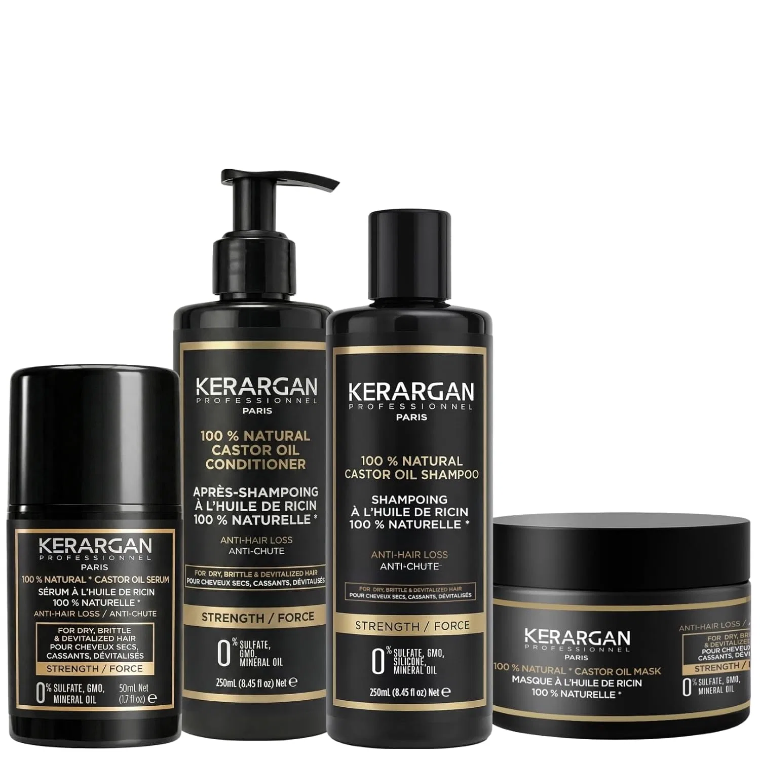 Полный набор Kerargan Anti-Hair Loss: шампунь, кондиционер, маска и сыворотка с касторовым маслом Kerargan