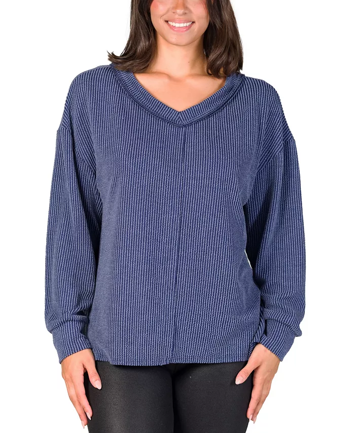 

Женский свободный трикотажный топ с V-образным вырезом и ребристым узором 24seven Comfort Apparel, синий