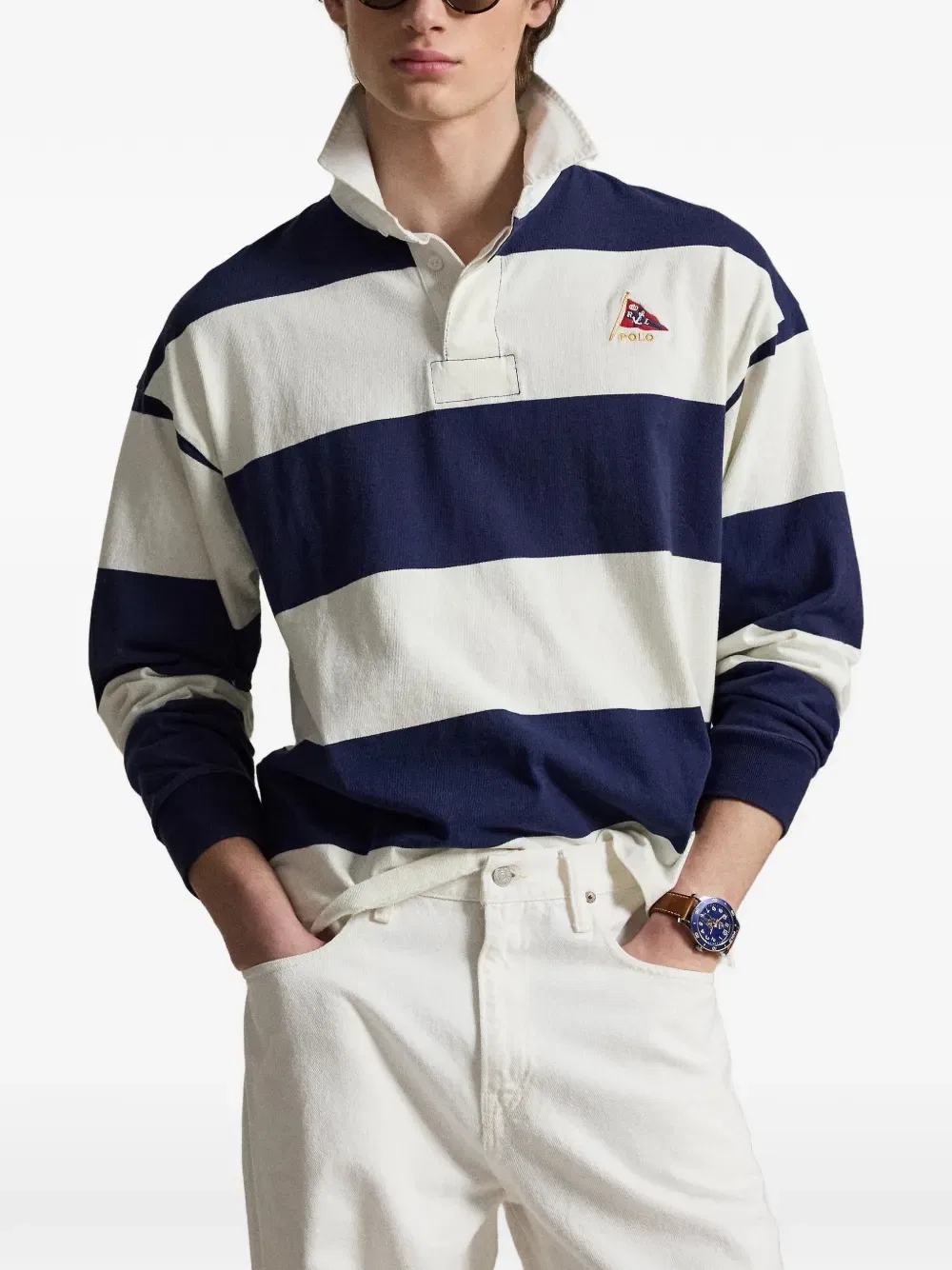 Полосатая вышитая рубашка-поло для регби Polo Ralph Lauren, синий — фото 3