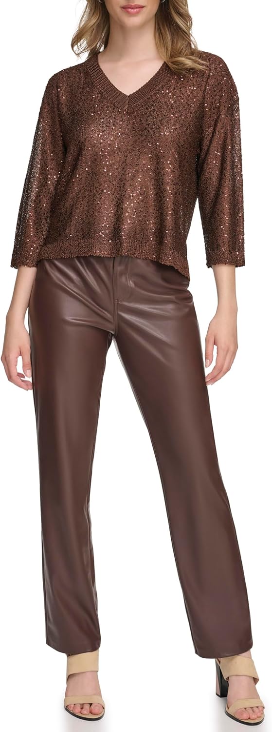 

Женский свитер Calvin Klein с V-образным вырезом и пайетками, Coffee Bean