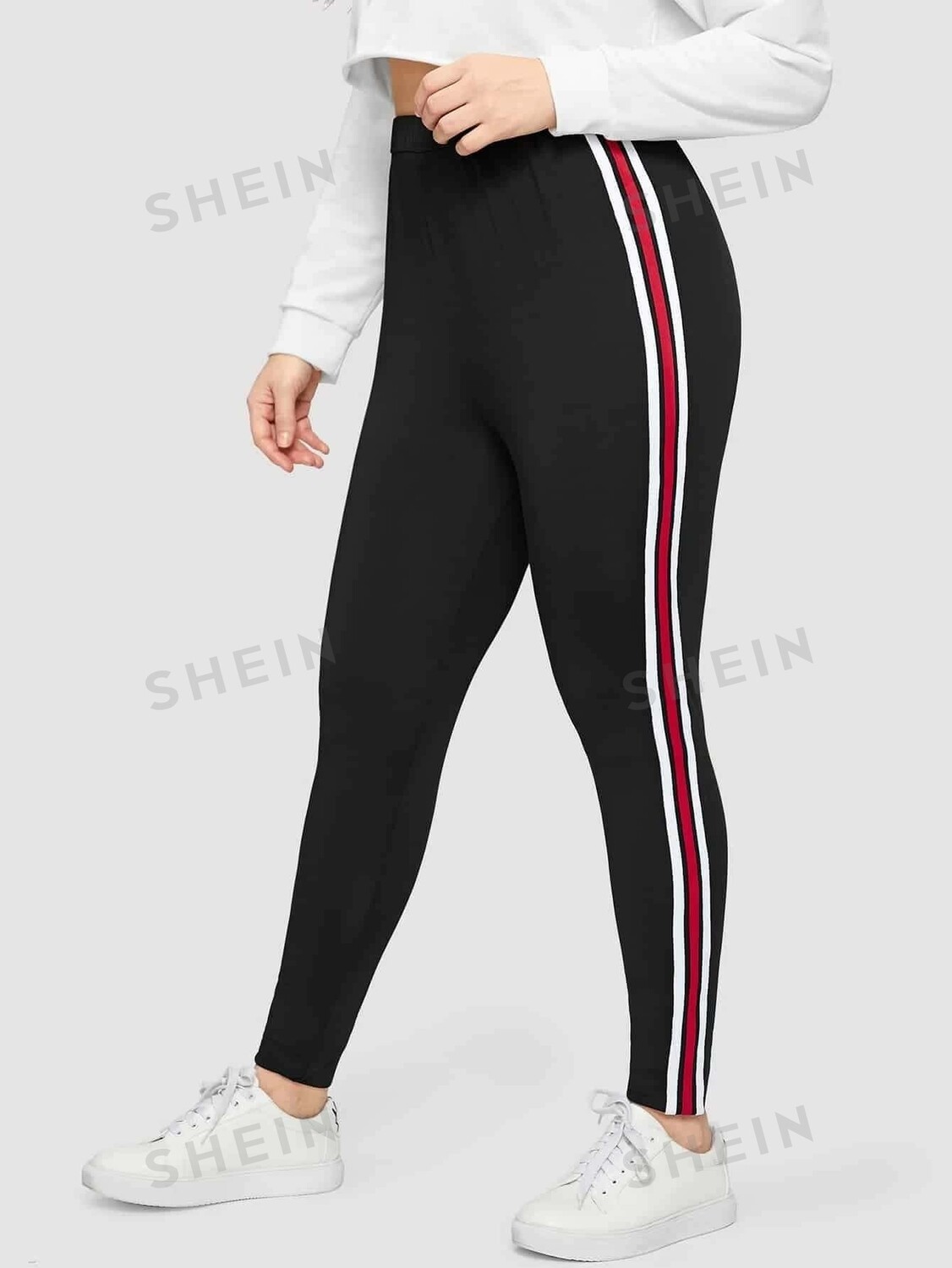 

EZwear Леггинсы больших размеров, полоски по бокам, завышенная талия Shein, черный