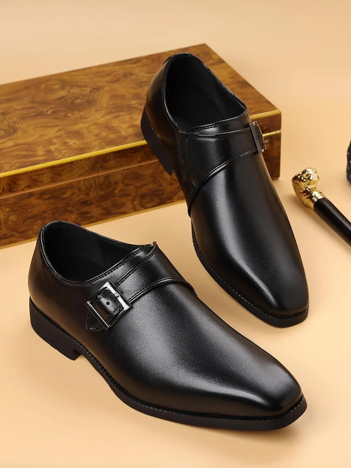 Лоферы мужские, кожаные, Monk Strap Loafers, Black SJIUTLYUE — фото 3