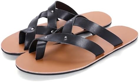 

Мужские сандалии из кожи с заклепками, перекрестными ремешками, открытым носком, плоские шлепанцы, летняя мода, слипоны с петлей для пальца, шлепанцы-вьетнамки, повседневные, удобные, противоскользящие, для прогулок по пляжу Rynkoma, черный