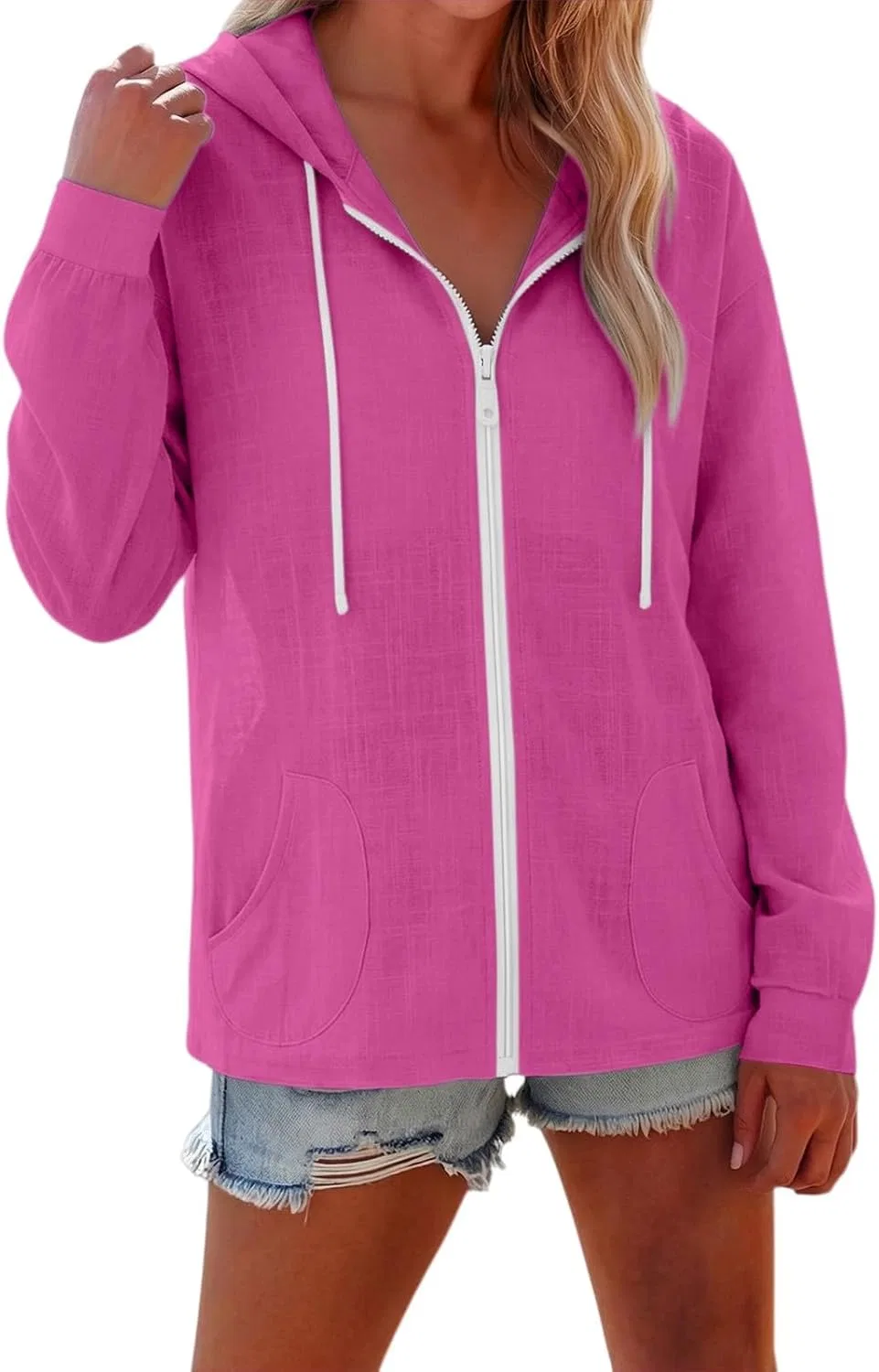 Женская худи на молнии с капюшоном, Cotton Linen Blend, Hot Pink