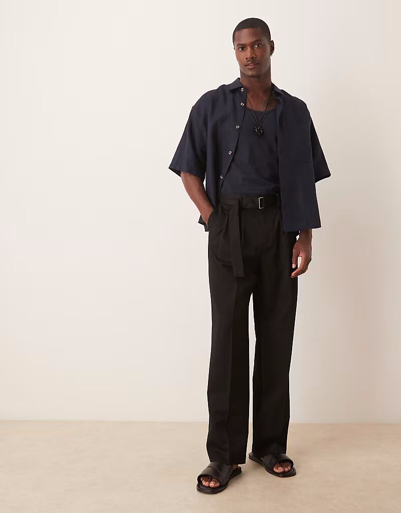 

Широкие брюки ASOS DESIGN с поясом и двойными складками черного цвета