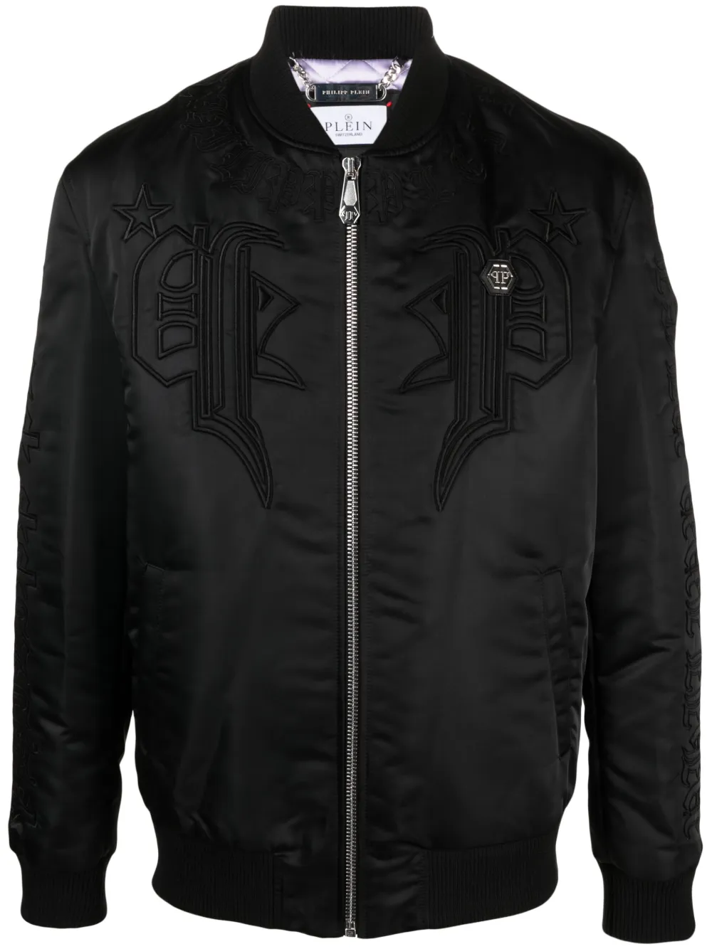 

Атласный бомбер с вышитым логотипом Philipp Plein, черный