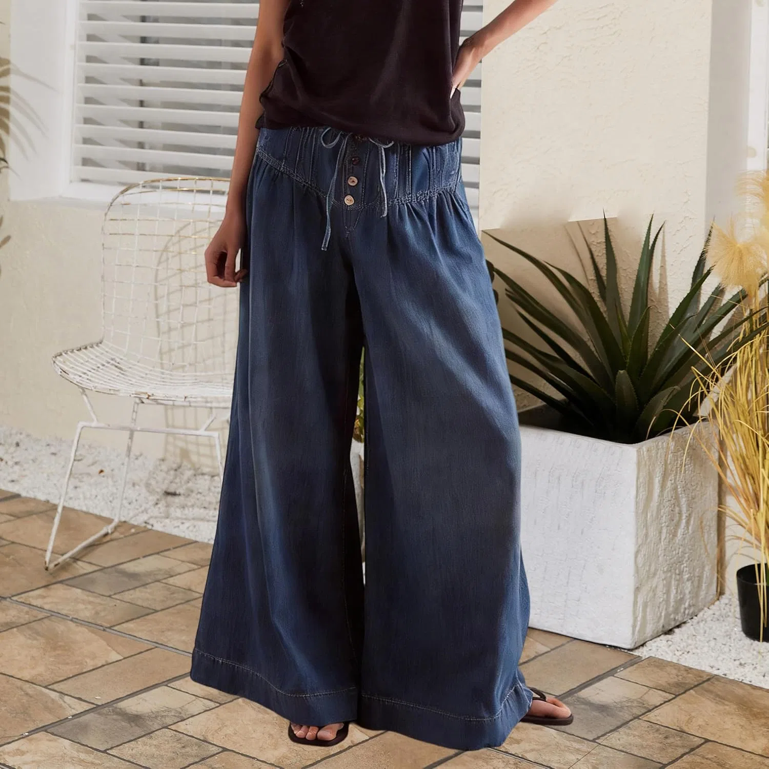 Джинсы широкие Chambray, темно-синие — фото 3