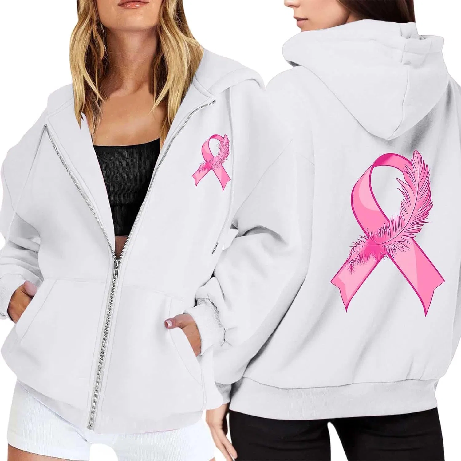 Худи на молнии женское с принтом Pink Ribbon, белое 4
