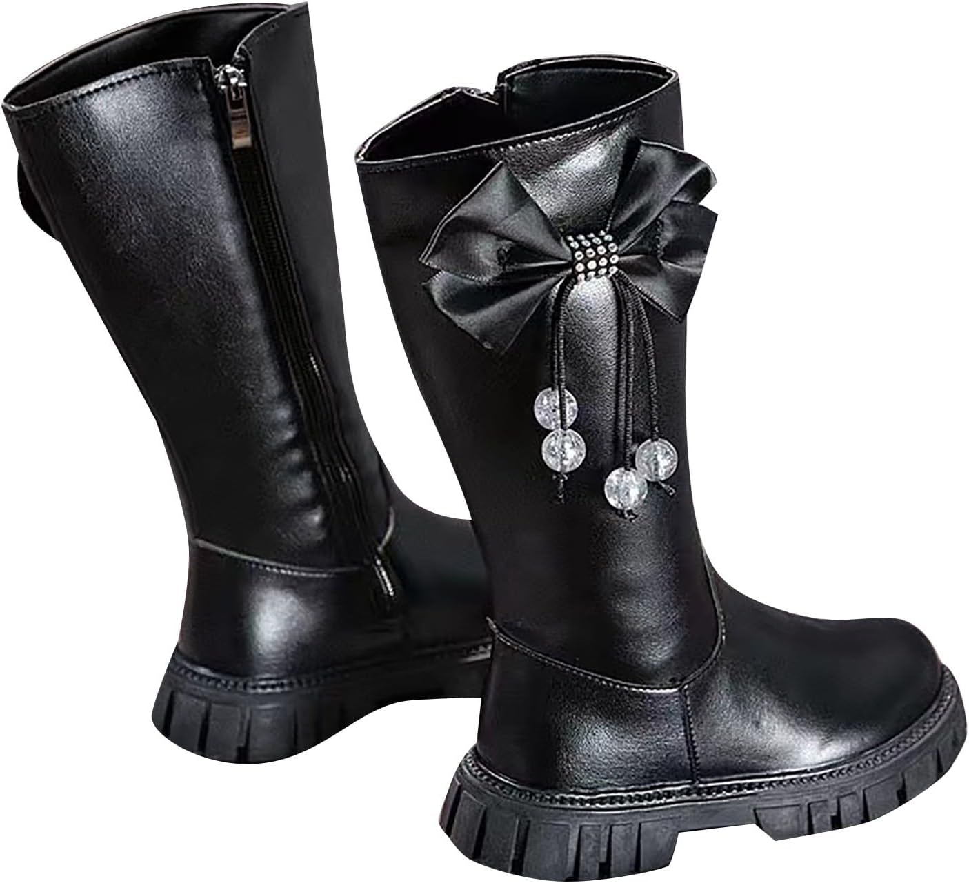 

Детские сапоги до колена для девочек, сапоги средней длины, верховые сапоги, искусственная кожа, молния, панк/гот стиль, осень-зима, с бантом, боевые сапоги, маленькие и большие размеры Generic, A02 Black