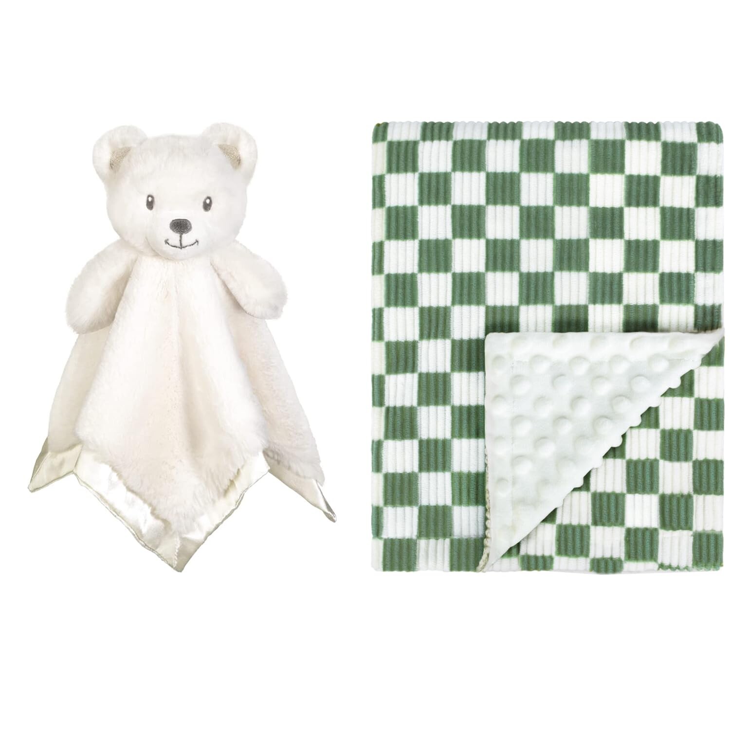 

2 упаковки защитного одеяла для медвежонка, мягкое вельветовое детское одеяло Minky Baby с милыми животными, белое + клетчатое вельветовое детское одеяло для мальчиков с шахматной доской в ​​клетку Gingham Sage BEILIMU