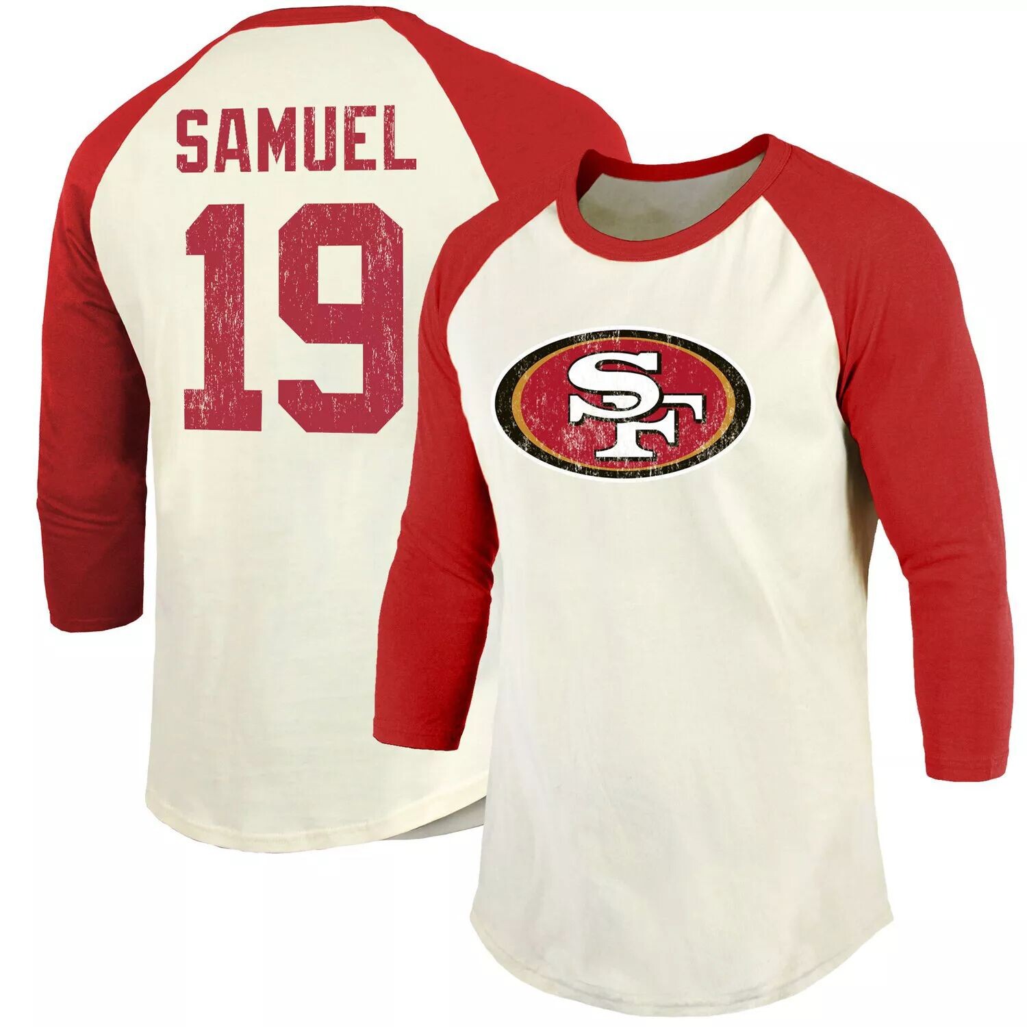 

Мужская брендовая футболка Deebo Samuel Cream/Scarlet San Francisco 49ers в винтажном стиле с именем и номером игрока реглан с рукавами 3/4 Fanatics
