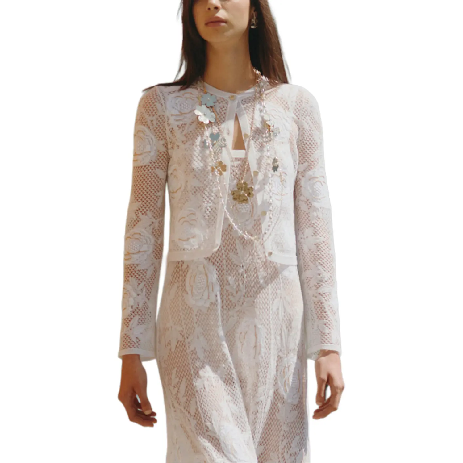 

Chanel Вязаный женский белый кардиган с круглым вырезом средней длины