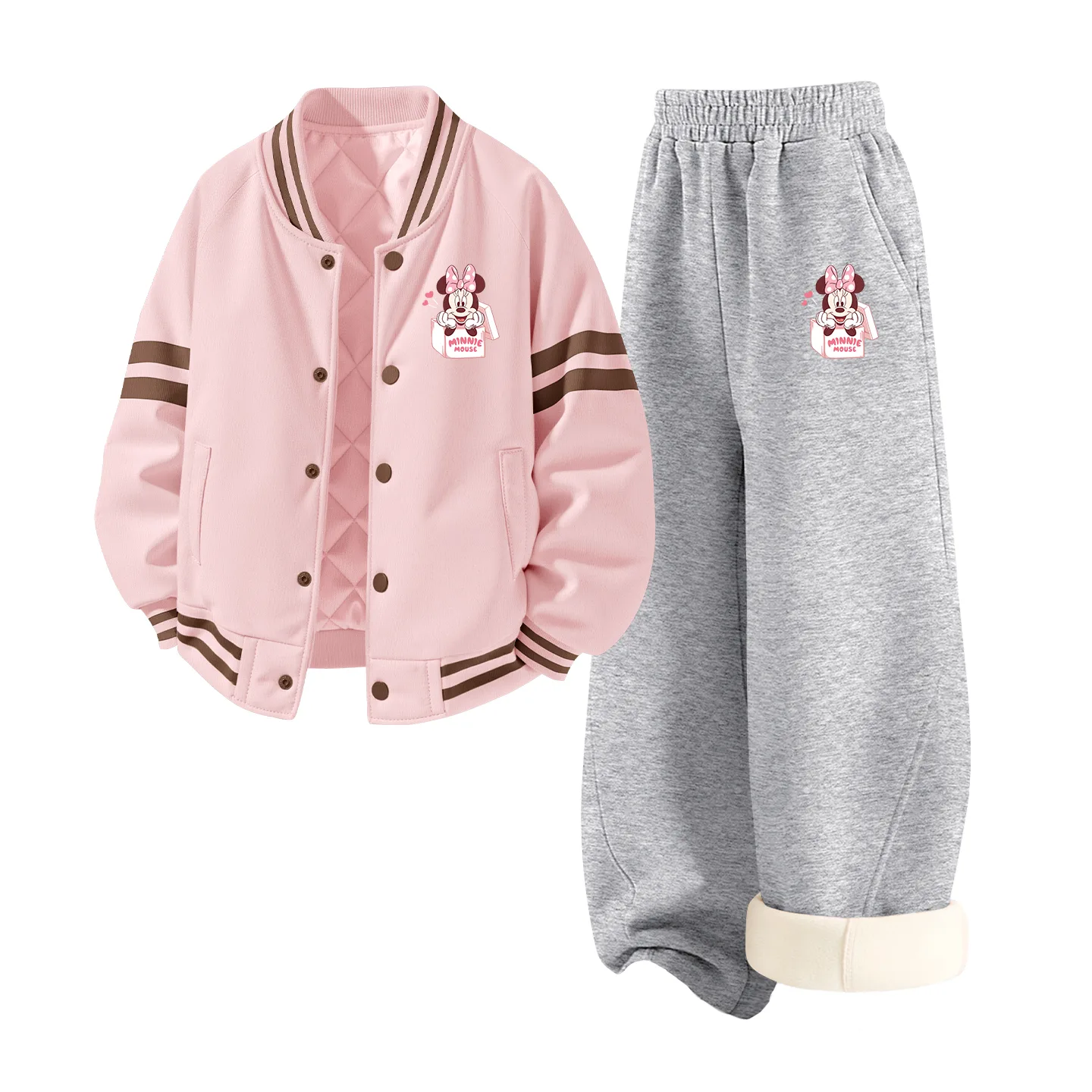 Детский спортивный костюм с воротником-стойкой на флисе Disney, [Thickened and Fleece-Lined]Di Gift K Lotus Pink+Di Gift K Heather Gray