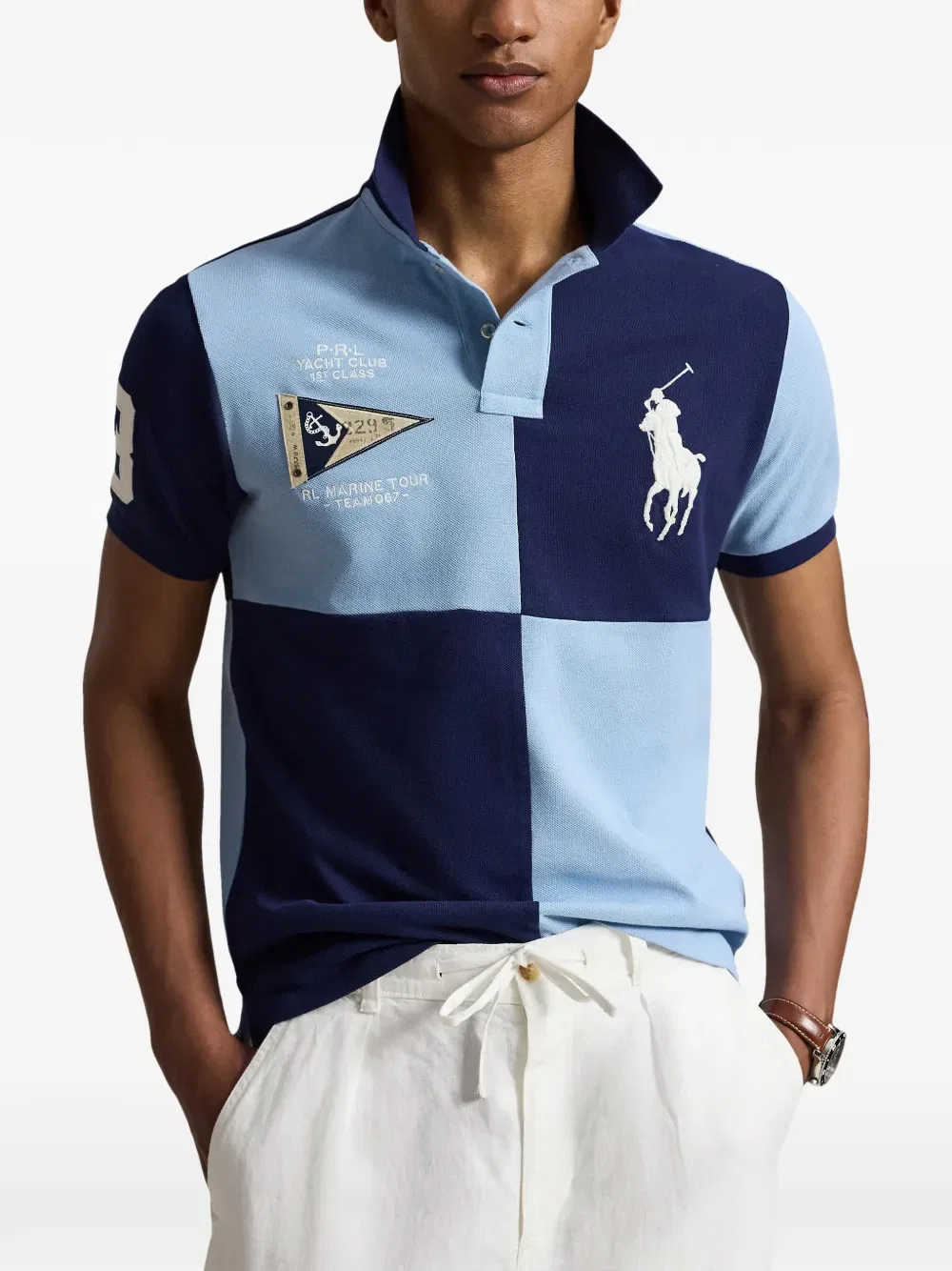 Рубашка-Поло с цветными блоками и изображением большого пони Polo Ralph Lauren, синий — фото 3
