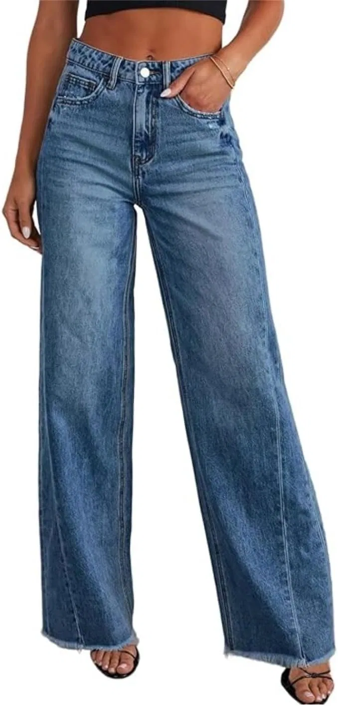 Джинсы свободные Women's Wide Leg Raw Hem Jeans, Blue
