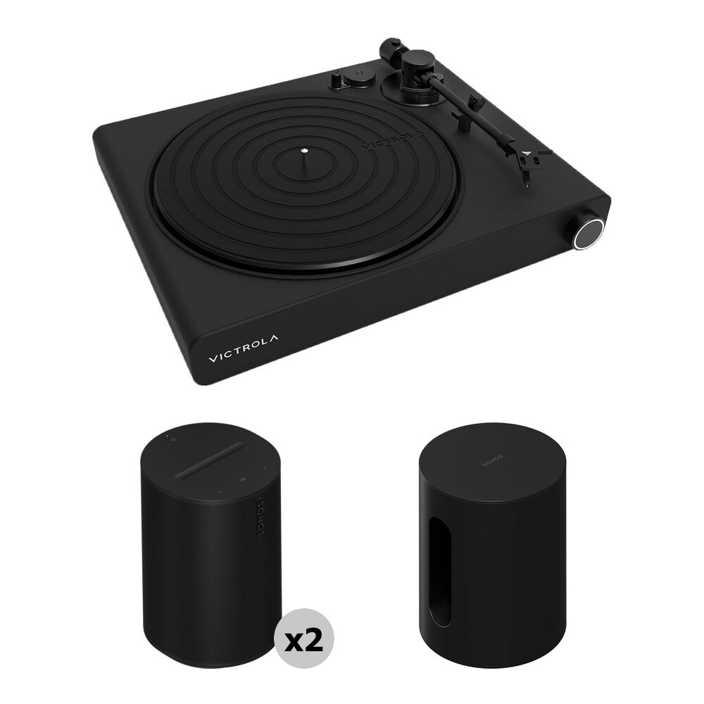 

Проигрыватель винила Victrola Stream Onyx с парой черных колонок Sonos ERA 100 и комплектом сабвуфера Sonos