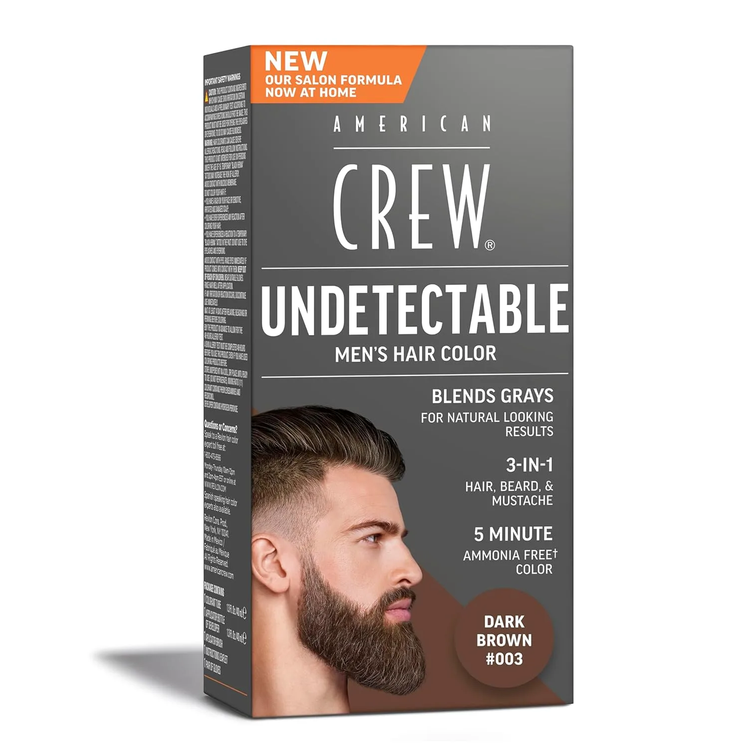 Краска для волос American Crew Undetectable для мужчин | Полуперманентная краска для волос темно-коричневого цвета | Естественное закрашивание седины, оттенок 003 темно-коричневый, 1 упаковка, 003 Dark Brown