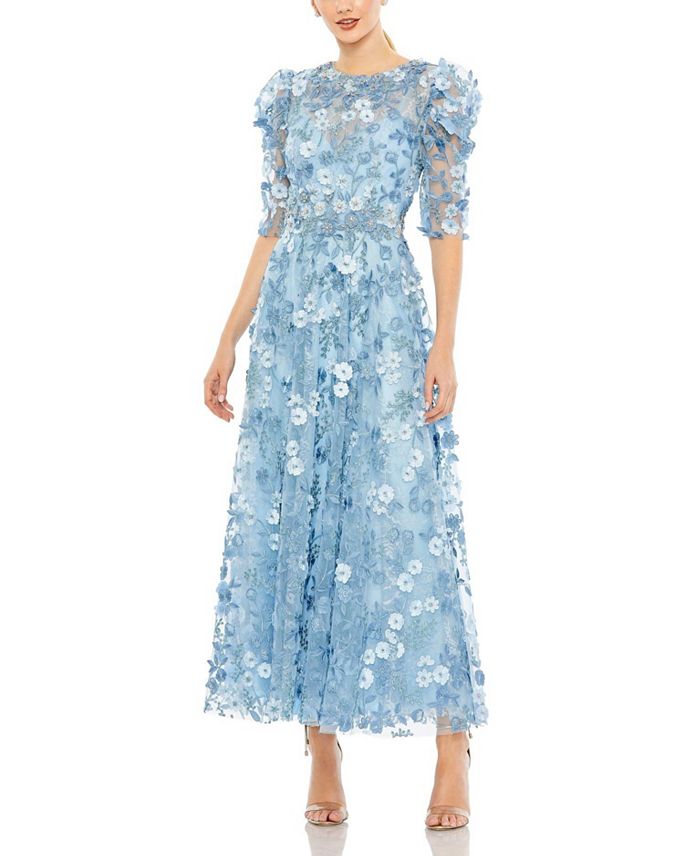 

Аппликация Высокий ворот пышные рукава платье А силуэта Mac Duggal, синий