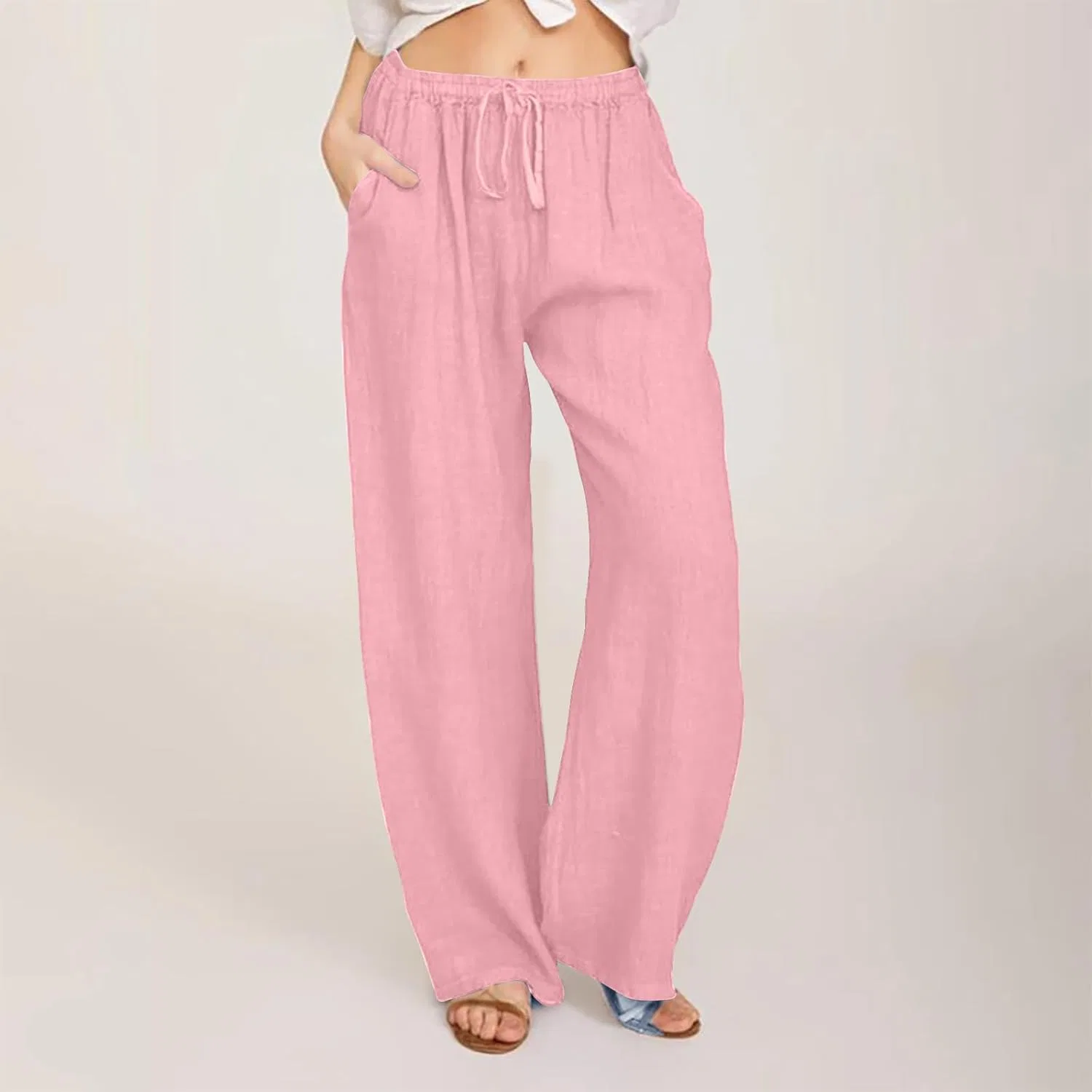 Женские широкие брюки палаццо из хлопка и льна, A02_pink — фото 2