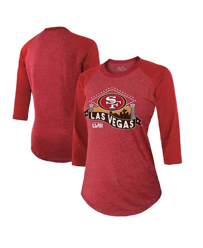 

Женская футболка Threads Scarlet San Francisco 49ers Super Bowl LVIII Vegas Raglan с рукавом 3/4 из трехкомпонентной ткани Majestic