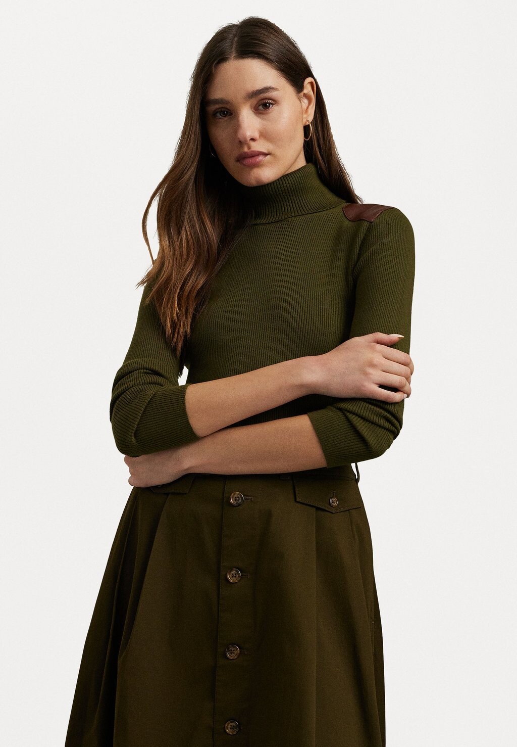 

Джемпер FAUX LEATHER TRIM RIBBED TURTLENECK Lauren Ralph Lauren, зеленый
