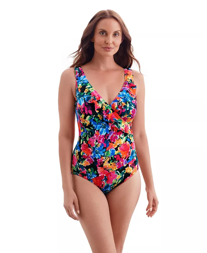 

Женский цельнокроеный купальник с запахом и рюшами на лифе, удлиненный Longitude By Mimi Flamingo, мультиколор