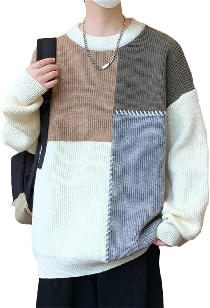 

Мужской свитер с патчворком и круглым вырезом, свободный, в стиле хип-хоп