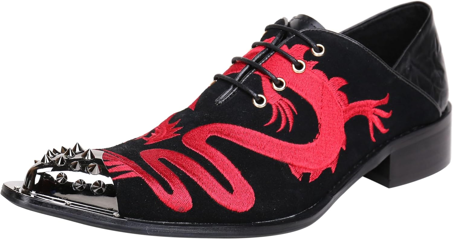 

Мужские кожаные туфли Santimon Mens Western с острым носком, шнуровкой, вышивкой модного дизайна и металлическим носком, оксфорды, черный