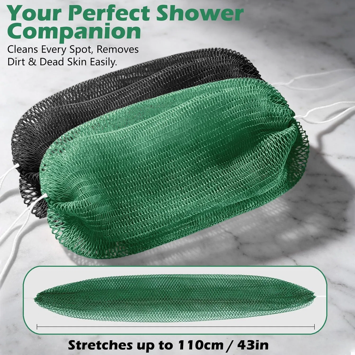 Африканская сетчатая мочалка для душа, 2 шт. ‎Lulir, Black + Dark Green — фото 2
