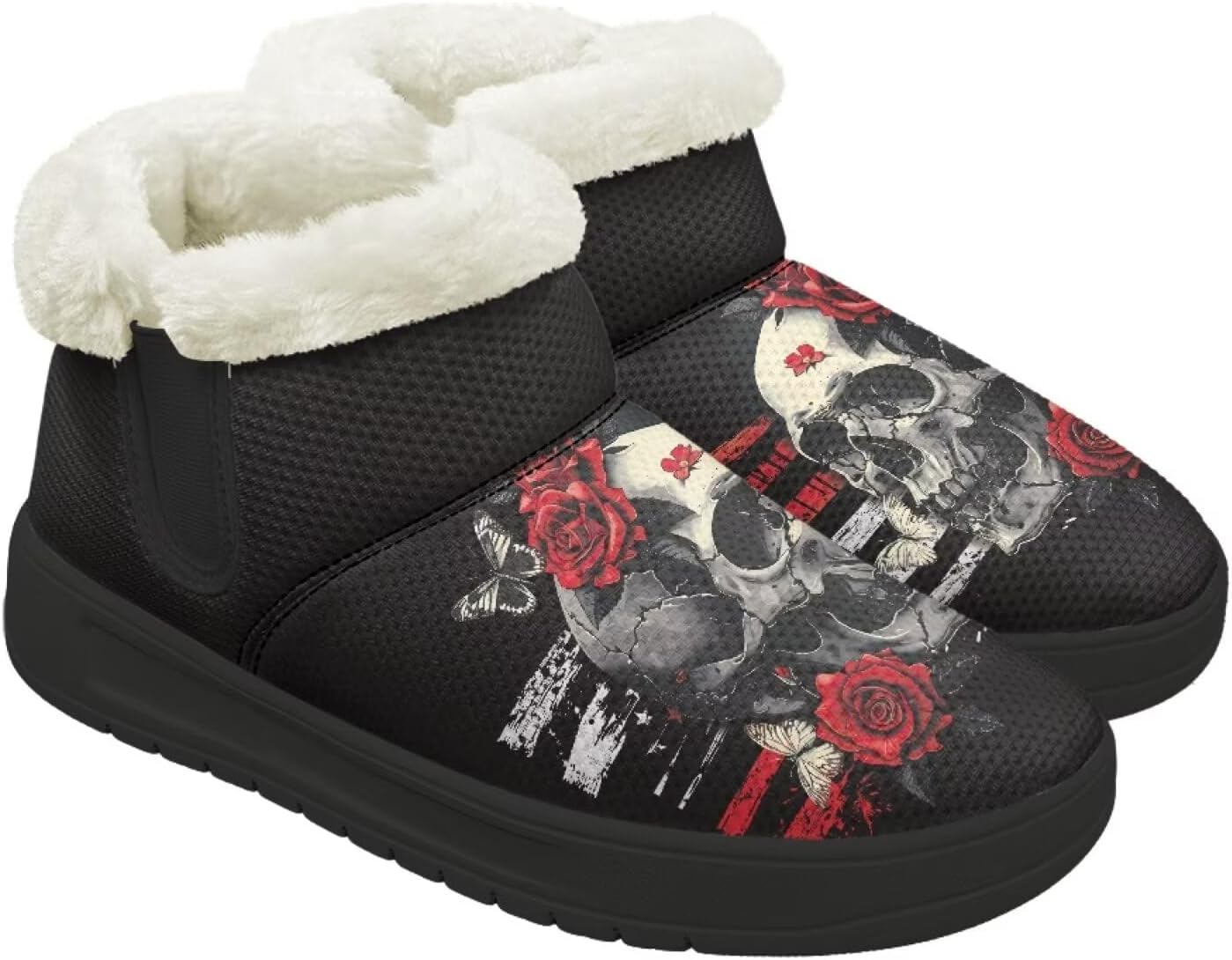 

Ботинки Forchrinse для женщин и мужчин, зимние теплые с меховой подкладкой, удобные пушистые ботинки с противоскользящей подошвой, Skull Butterfly Rose