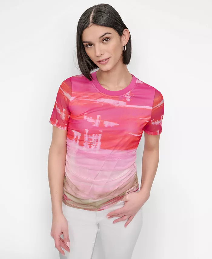 

Женский топ с принтом и рюшами из сетки с круглым вырезом DKNY, розовый