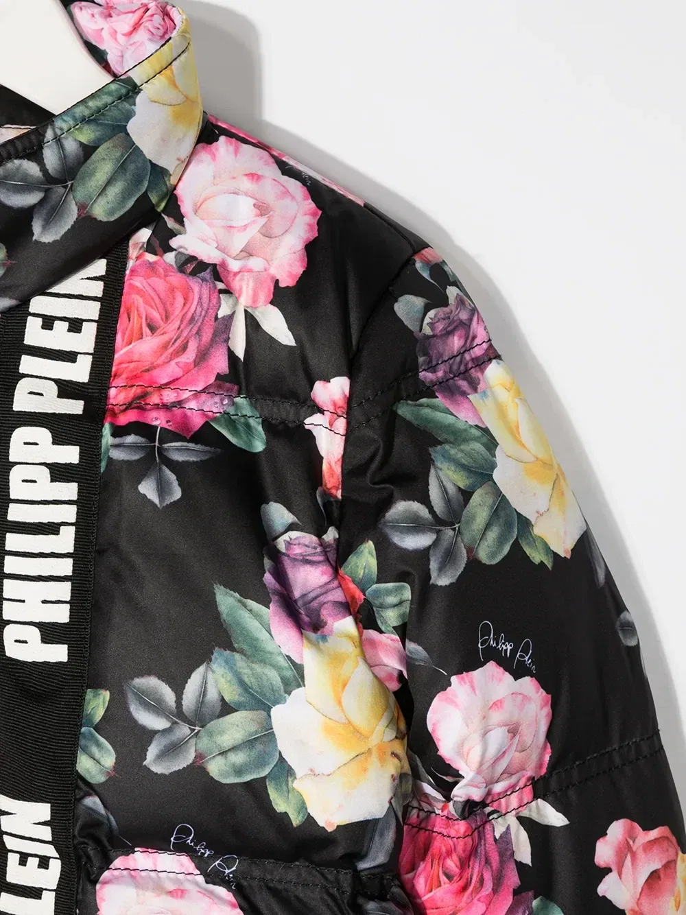 Пуховик с цветочным принтом Philipp Plein, черный — фото 3