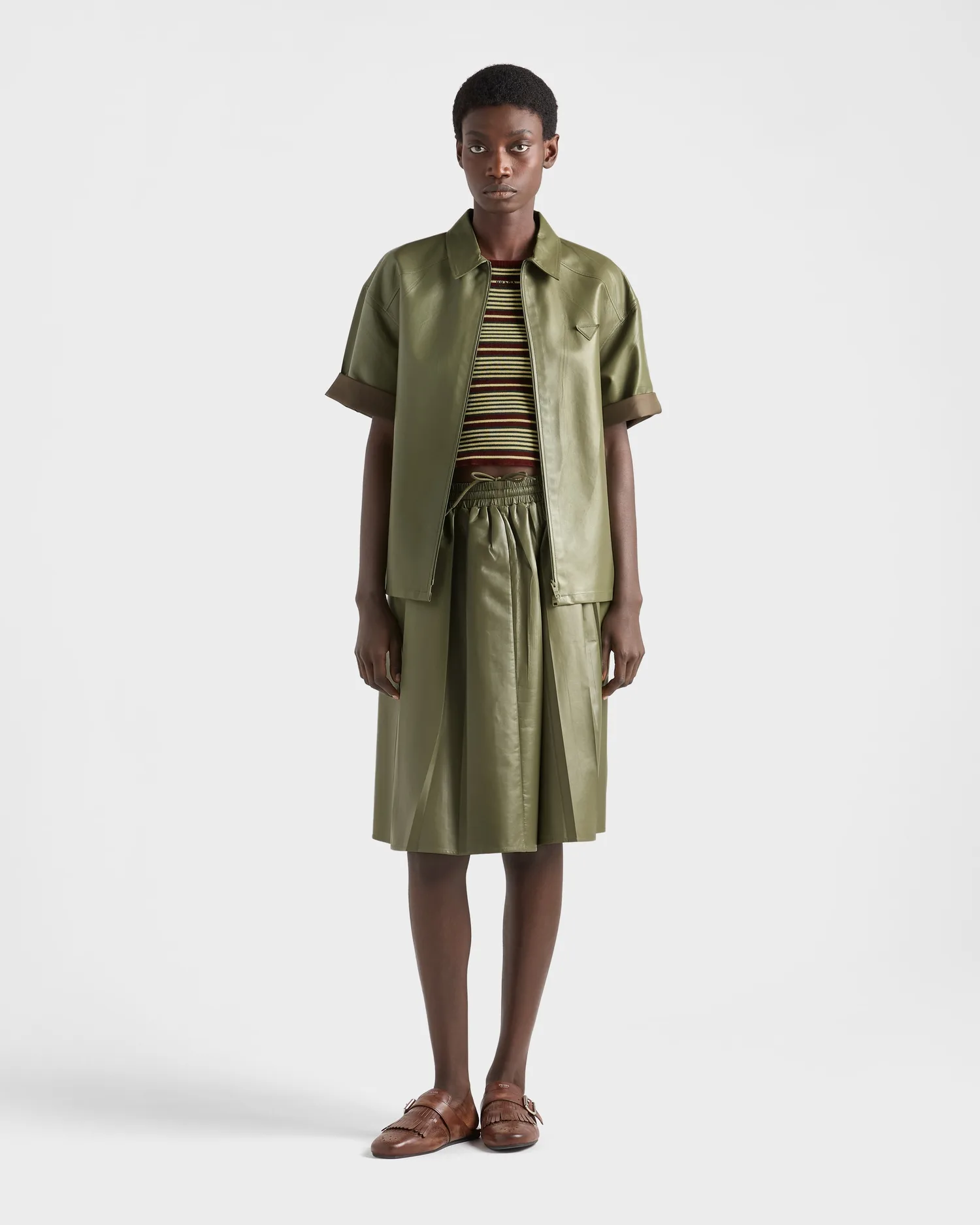 Хлопковый свитер в полоску с короткими рукавами Prada, бордовый — фото 2