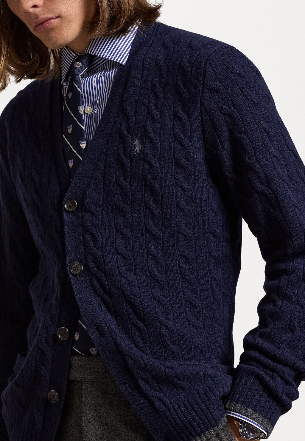 

Кардиган CABLE KNIT WOOL CASHMERE CARDIGAN Ralph Lauren, темно-синий