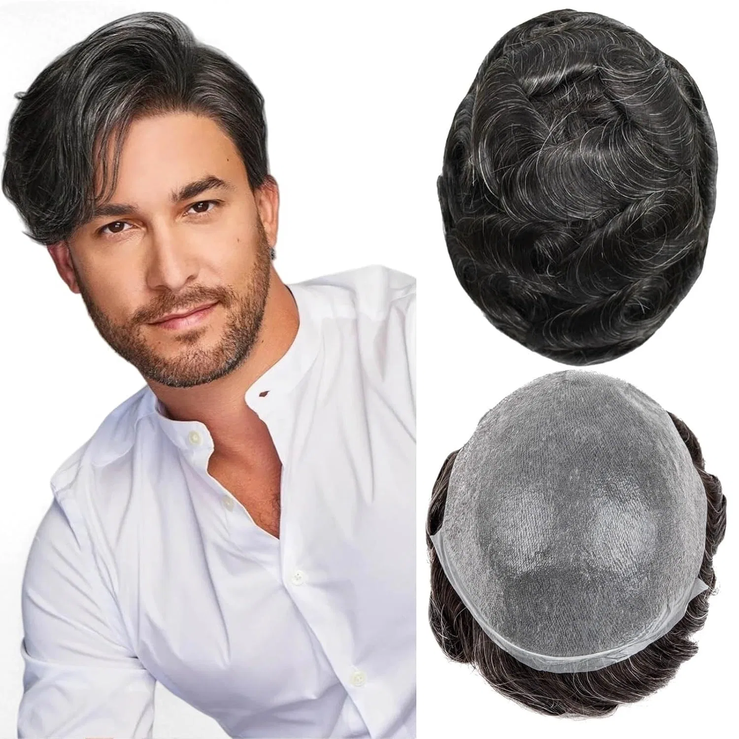 Мужской ультратонкий парик из натуральных волос 8x10 дюймов Ehairc, #1B10 (10% Grey Hair)