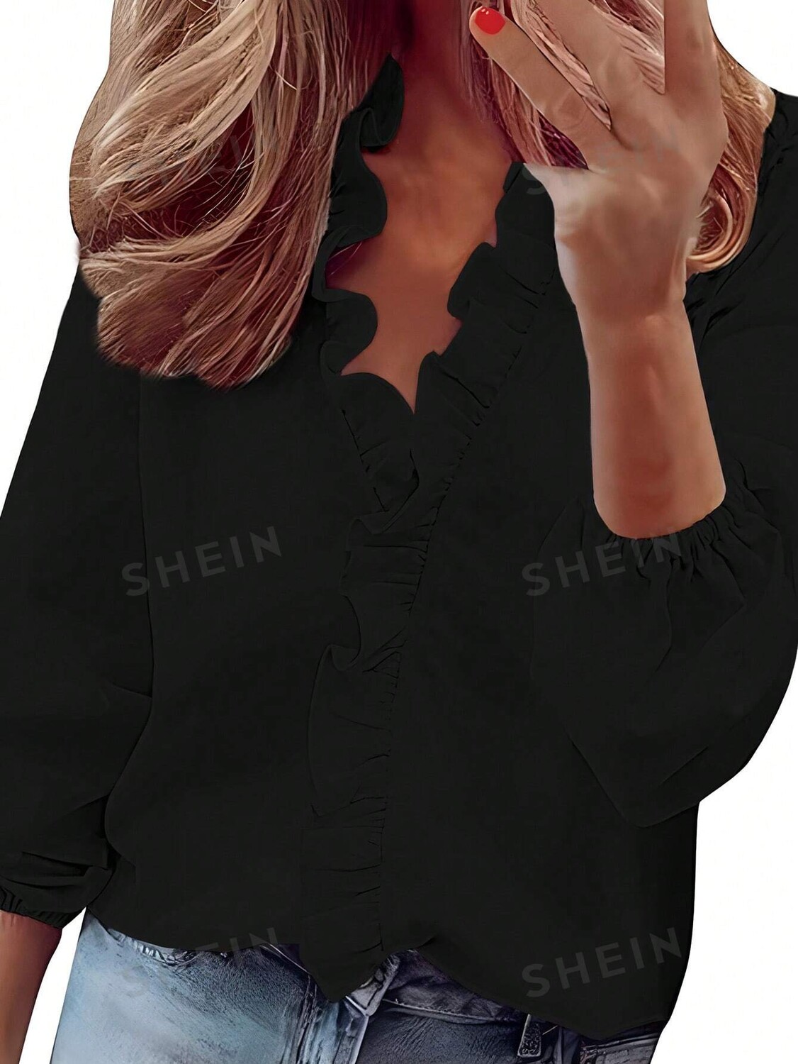 

Блузка Shein Privé с рукавами-фонариками и рюшами, черный