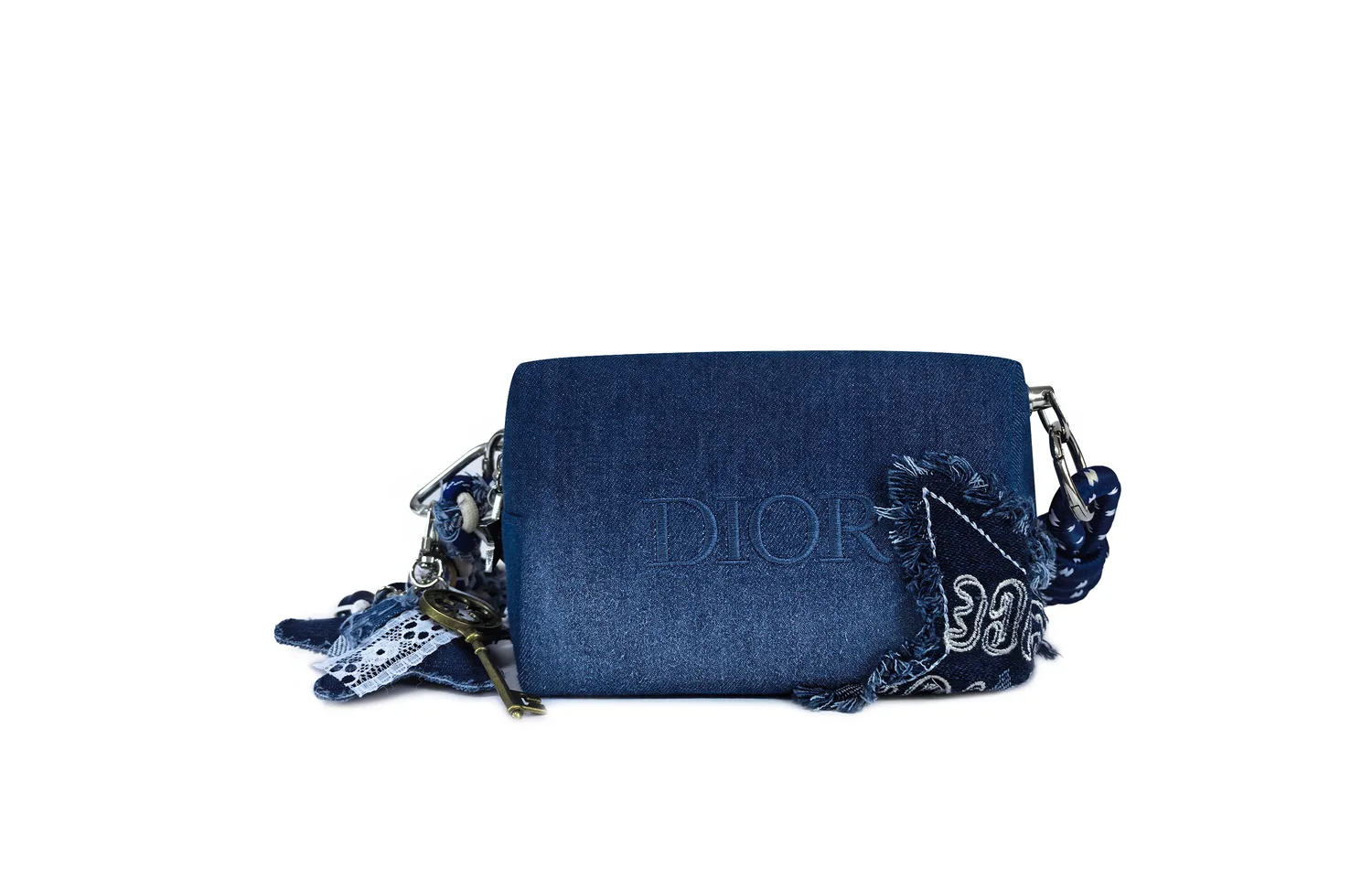 DIOR [Индивидуальная косметичка] Цветочный принт, деним, винтажный стиль, синяя сумка через плечо с эффектом потертости — фото 4