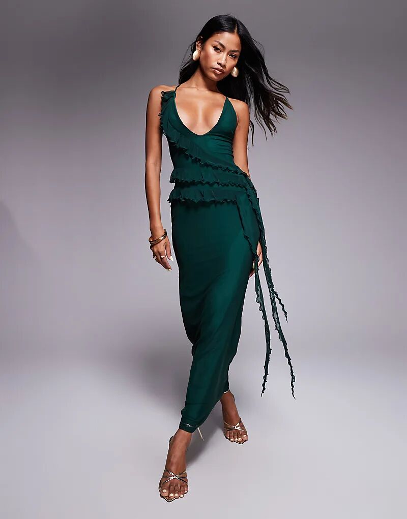 

Платье макси с рюшами и завязкой сзади ASOS DESIGN темно-зеленого цвета