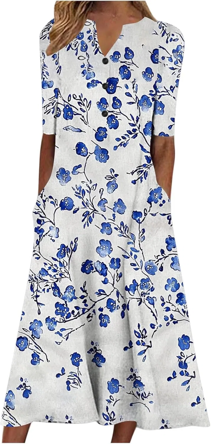 Платья в стиле бохо для женщин 2025: элегантное, стильное платье А-силуэта с короткими рукавами и V-образным вырезом, модное платье-туника с цветочным принтом