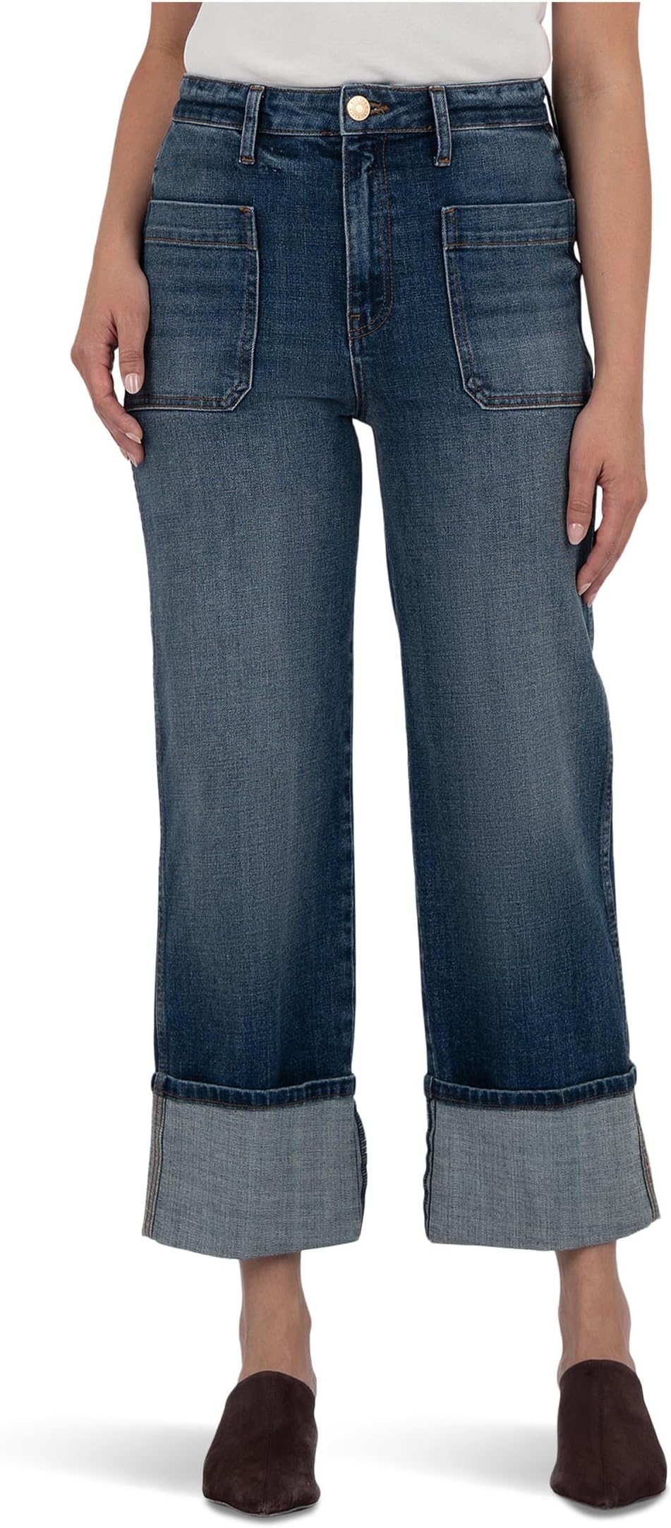 

Джинсы KUT from the Kloth Sienna High-Rise Straight Leg-Roll Up Patch Pocket in Serene, Serene