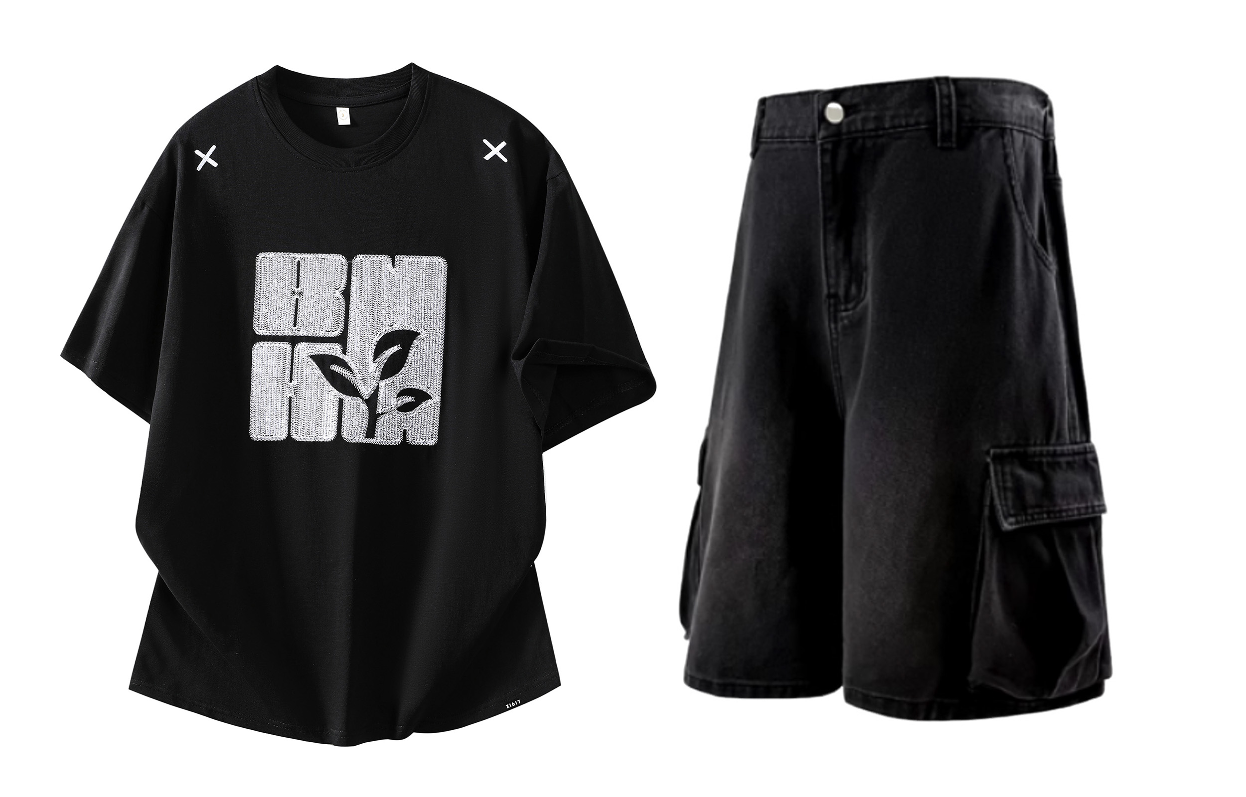 

Повседневный спортивный свитер Unisex с круглым вырезом Moderate X1617, черный short-sleeved shirt+черный denim shorts