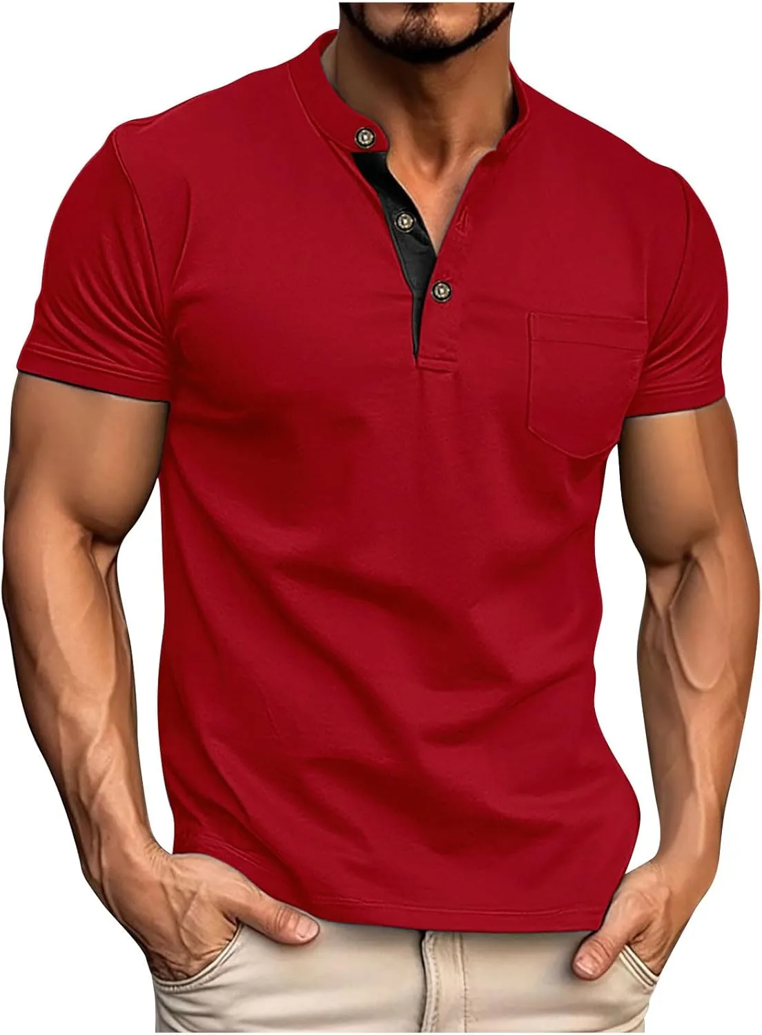 

Мужская футболка Henley с коротким рукавом, воротником-стойкой и карманом FZYLQY