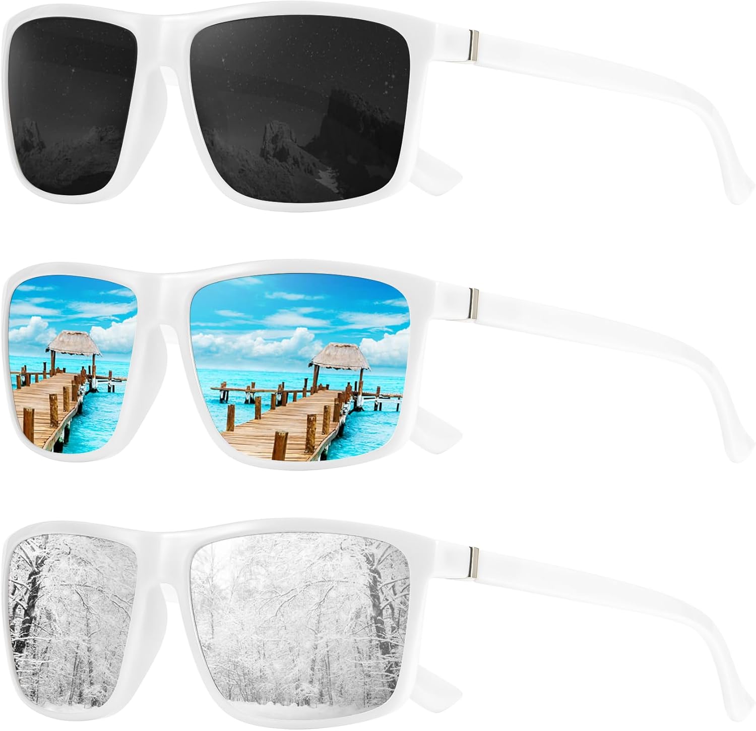 

Поляризованные солнцезащитные очки KALIYADI для мужчин и женщин, мужские солнцезащитные очки с защитой от УФ-излучения для вождения, рыбалки, гольфа (3 шт.), (3 Pack) Flossy White Frame|black/Ice Blue/Silver