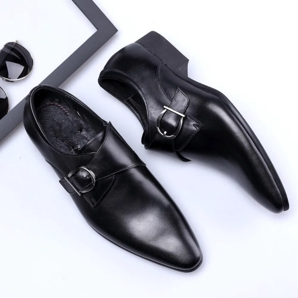 Мужские туфли Monk Strap Классические Ретро Формальные Деловые Лоферы Легкие Кожаные Слипоны Комфортные Носка Низкий Каблук Заостренный Носок Платиновая Пряжка Лоферы Оксфорды для Повседневной Элегантной Работы, Офиса и Свадьбы Geerta, черный — фото 2