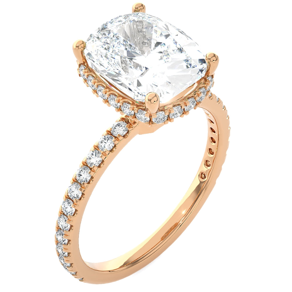 

Сертифицированное обручальное кольцо с бриллиантом огранки «кушон» 4 1/2 карата, боковая окантовка, 14 карат, выращенный в лаборатории Pompeii2, 14K Rose Gold